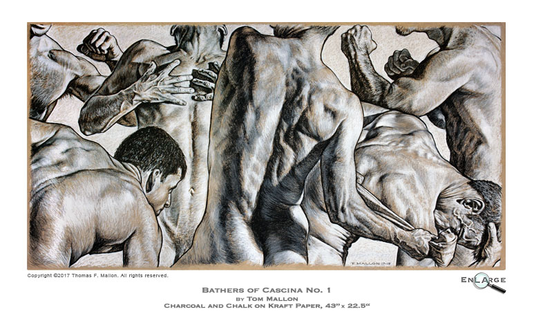 Tom Mallon: Bathers of Cascina No. 1 - Charcoal and Chalk on Kraft Paper