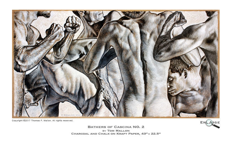 Tom Mallon: Bathers of Cascina No. 2 - Charcoal and Chalk on Kraft Paper