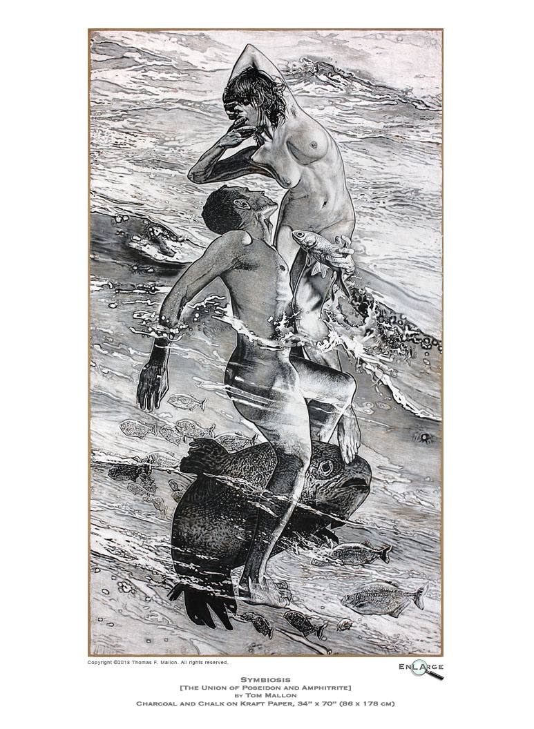 Symbiosis [The Union of Poseidon & Amphitrite] by Tom Mallon - Charcoal and Chalk on Kraft Paper