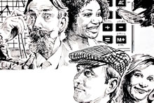 Larson: Mathematics for Everyday Living - Cover Art, Ink on Illustration Board - Detail of Portraits