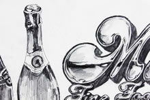 Tom Mallon: Branded Artwork Incorporated with Logo, Pencil on Illustration Board - Edge of Chromed Logo with Wine Bottle