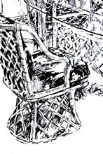 Tom Mallon: Ink Drawing of Wicker Furniture, Ink Pen on Paper, Chair and Chair Base
