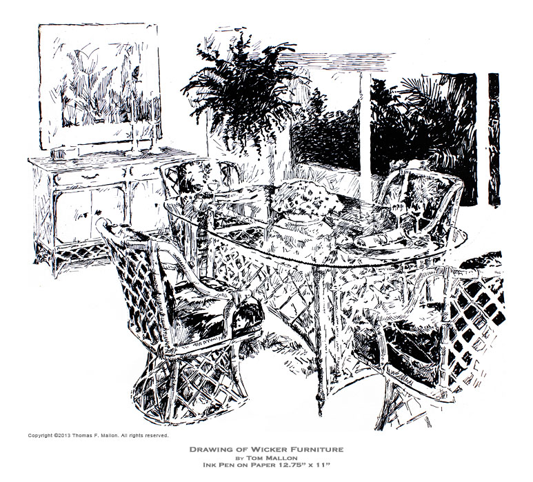 Tom Mallon: Ink Drawing of Wicker Furniture, Ink Pen on Paper