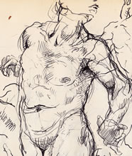 Tom Mallon: Male Nudes, Ballpen on Paper, Figure Walking Left