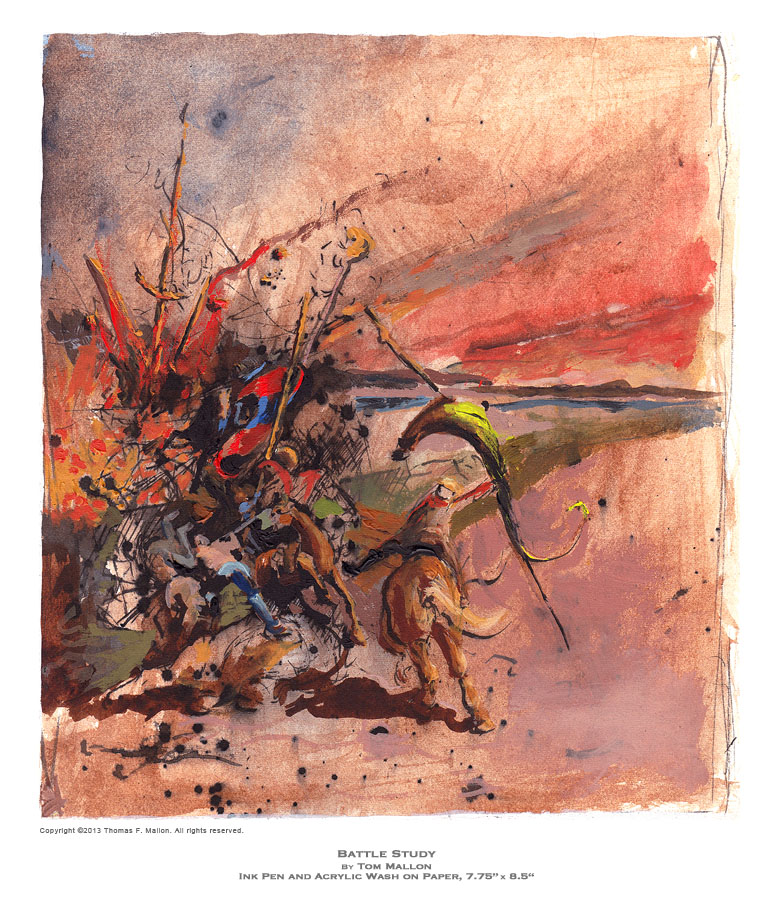 Tom Mallon: Battle Study - Acrylic Wash and Pen on Paper