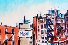 Tom Mallon: Felt Pen on Paper of 'Boston Street Scene, Detail of Mobil Sign