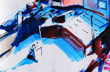 Tom Mallon: Felt Pen Drawing of Cityscape, View of Store Roof