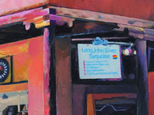 East San Francisco Street by Tom Mallon, Oil on Canvas - 55 x 24.5 inches - Detail of sign in alcove