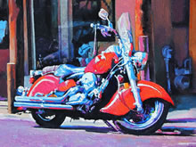 East San Francisco Street by Tom Mallon, Oil on Canvas - 55 x 24.5 inches - Detail of Motorcycle