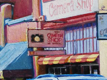 East San Francisco Street by Tom Mallon, Oil on Canvas - 55 x 24.5 inches - Detail of Camera Shop