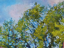 East San Francisco Street by Tom Mallon, Oil on Canvas - 55 x 24.5 inches - Detail of Treetops