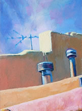 East San Francisco Street by Tom Mallon, Oil on Canvas - 55 x 24.5 inches - Roof Exhusts