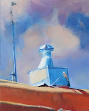 East San Francisco Street by Tom Mallon, Oil on Canvas - 55 x 24.5 inches - Detail of Roof Exhaust 