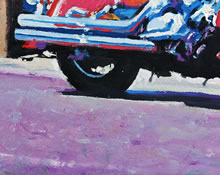 East San Francisco Street by Tom Mallon, Oil on Canvas - 55 x 24.5 inches - Motorcycle Tire