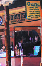 East San Francisco Street by Tom Mallon, Oil on Canvas - 55 x 24.5 inches - Detail Store