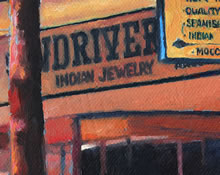 East San Francisco Street by Tom Mallon, Oil on Canvas - 55 x 24.5 inches - Shop Signs