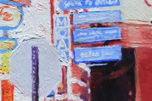 La Entrada a la Plaza by Tom Mallon, Oil on Canvas - 27.75 x 20.5 inches - Back of Stop Sign