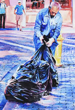 La Entrada a la Plaza by Tom Mallon, Oil on Canvas - 27.75 x 20.5 inches - PLaza Trash