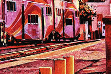 Un Nuevo Dia by Tom Mallon, Oil on Canvas - 42 by 18 inches - Rail Runner Passenger Cars