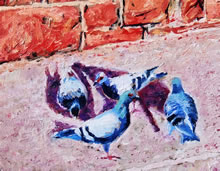Santuario de Guadalupe by Tom Mallon, Oil on Canvas - 42 x 22 inches - Detail of Pigeons