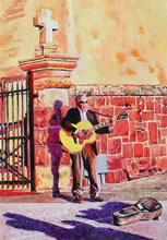 Santuario de Guadalupe by Tom Mallon, Oil on Canvas - 42 x 22 inches - Guitarist