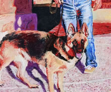 Santuario de Guadalupe by Tom Mallon, Oil on Canvas - 42 x 22 inches - Dog Detail