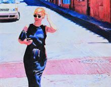 Mediodía de Julio - by Tom Mallon, oil on canvas - Woman Crossing