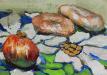 Tom Mallon: Acrylic on Canvas - Bagels and Pomegranate - Pomegranate and Bagels