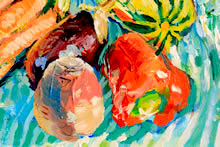 Tom Mallon: Acrylic on Canvas Board - Veggies, Detail of Turnip and Red Pepper