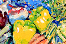 Tom Mallon: Acrylic on Canvas Board - Veggies, Detail of Yellow Peppers and Carrots
