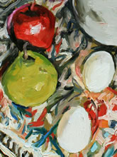 Sidetable by Tom Mallon, 14 x 21 inches, Oil on Wood Panel - Eggs and Fruit