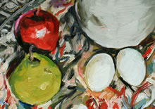 Sidetable by Tom Mallon, 14 x 21 inches, Oil on Wood Panel - Apple, Pear and 2 Eggs