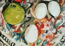 Sidetable by Tom Mallon, 14 x 21 inches, Oil on Wood Panel - Pear and Eggs