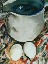 Sidetable by Tom Mallon, 14 x 21 inches, Oil on Wood Panel - 2 Eggs and Pitcher